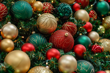 Elegant christmas background featuring rich red, green, and gold tones to celebrate the seasonの写真素材