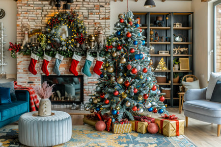 Festive christmas tree adorned with toys and gifts in a warm, inviting room settingの写真素材