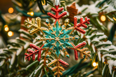 Festive christmas background with snowflakes and twinkling lights in rich reds, greens, and goldsの写真素材