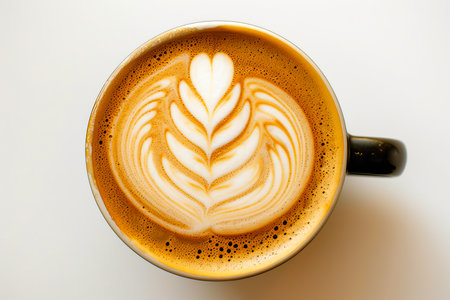 A top view of a beautifully crafted latte with intricate foam art, placed on a clean white background. . High quality photoの写真素材