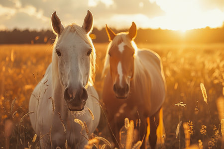 Two majestic horses peacefully grazing in a natural landscape on a sunny dayの写真素材
