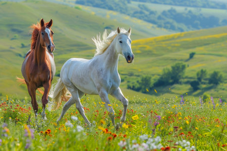 Two majestic horses peacefully grazing in a natural landscape on a sunny dayの写真素材