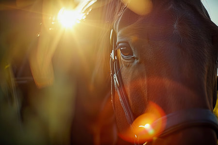 Two majestic horses peacefully grazing in a natural landscape on a sunny dayの写真素材