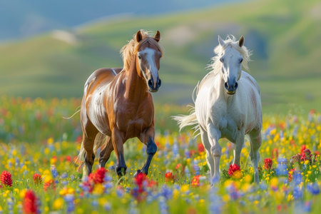 Two majestic horses peacefully grazing in a natural landscape on a sunny day