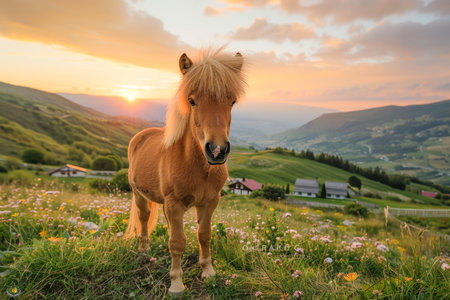 Majestic horse in lush meadow at sunset with vibrant sky and serene landscapeの写真素材