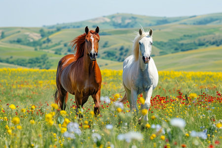 Two majestic horses trotting gracefully in a colorful pasture under a bright sunny skyの写真素材