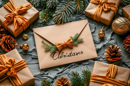 Elegant christmas envelope surrounded by golden gifts and festive decor on a light backgroundの素材