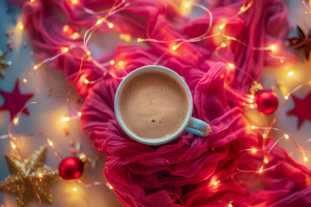 Festive coffee with milk foam with Christmas decorations, garlandの素材