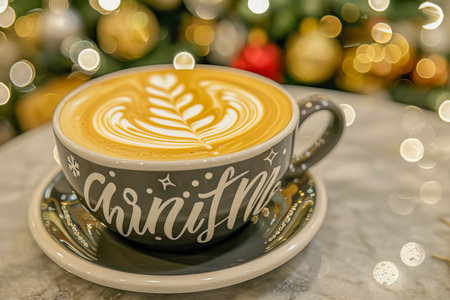 festive foam cup on table with christmas tree in the backgroundの素材