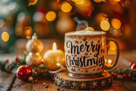 Hot winter drink.chocolate with whipped cream in mug. Christmas time. Cozy home atmosphereの素材