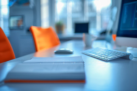 Blurred office interior with glass walls and a bright airy atmosphere. High quality photoの素材
