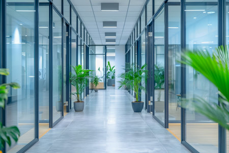 Blurred office interior with glass walls and a bright airy atmosphere. High quality photoの素材