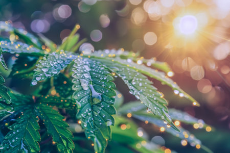 Beautiful background with cannabis leaves and dew drops close-up. High quality photoの素材