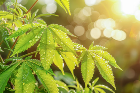 Surreal marijuana leaves with dewdrops in early morning fog and soft diffused lightの素材