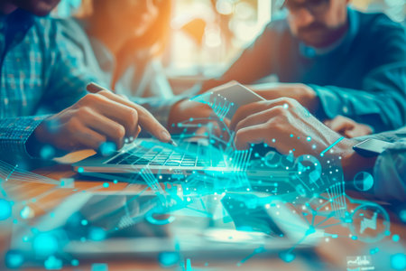 Office scene with a blurred team collaborating as digital data lights glow across the deskの素材