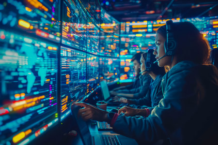 Office scene with a blurred team collaborating as digital data lights glow across the deskの素材