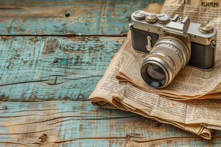 Vintage Camera on Wooden Photo Background with Space for Text. High quality photoの素材