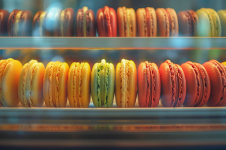 Close-up view of colorful macarons on display in a bakeryの素材
