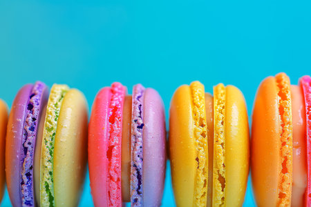 many multi-colored round baked macarons cakes on a light blue background. High quality photoの素材