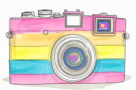 Retro camera illustration with paints, logo. High quality photoの素材