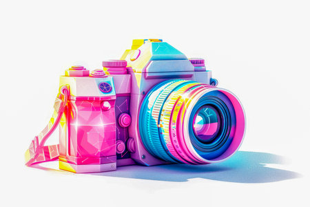 Retro camera illustration with paints, logo. High quality photoの素材
