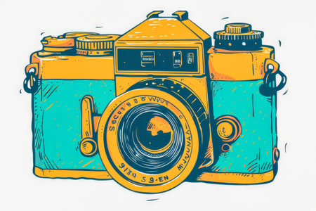 Retro camera illustration with paints, logo. High quality photoの素材