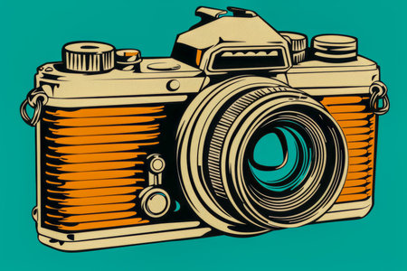 Retro camera illustration with paints, logo. High quality photoの素材