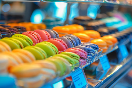 Colorful macarons lined up in a row for a vibrant dessert displayの素材