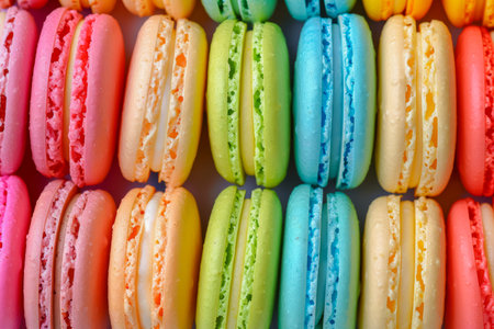 Vibrant macarons lined up on a vivid pink background. High quality photoの素材