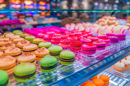 Close-up view of colorful macarons on display in a bakery,の素材