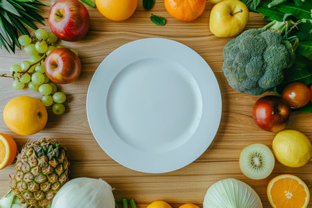 White empty plate in the center and many fruits and vegetables around on a light wooden background, diet conceptの素材