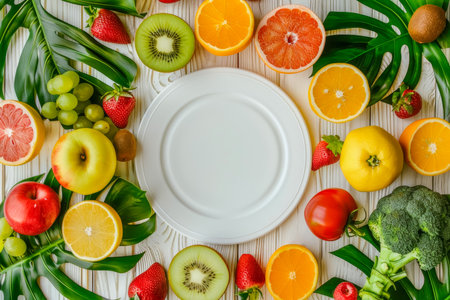 White empty plate in the center and many fruits and vegetables , diet conceptの素材