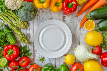 White empty plate in the center and many fruits and vegetables around on a light wooden background, diet conceptの素材