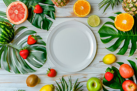 White empty plate in the center and many fruits and vegetables around on a light wooden background, diet conceptの素材