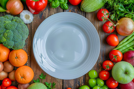 Aesthetic, vegan, organic, healthy food, plant-based diet concept. White plate on the table among vegetables and fruits .の素材
