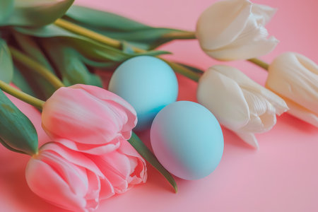 Easter Pink Background with Eggs and Tulips and Space for Textの素材