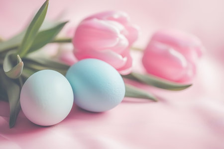 Easter eggs with tulips close-up, happy Easterの写真素材