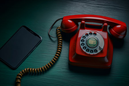 Vintage rotary phone and modern smartphone on wooden surface comparison.の素材
