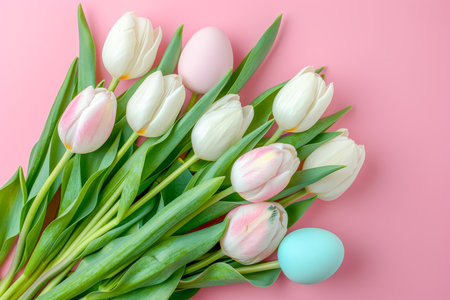 Delicate pastel Easter card with eggs and tulipsの素材