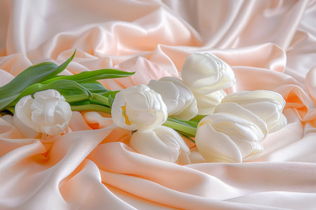 Easter eggs with tulips close-upの写真素材