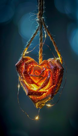 Beautiful fiery heart hanging on a blue background, the concept of love and relationshipsの素材