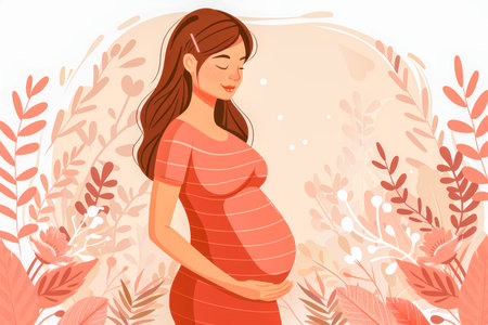 Graceful silhouette of a pregnant woman set against a soft, plain background for artistic effectの素材