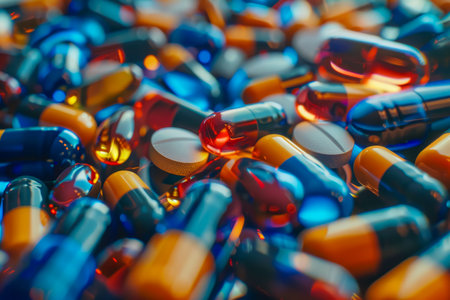 Close up view of various tablets and capsules arranged on a table surface for pharmaceutical contextの素材