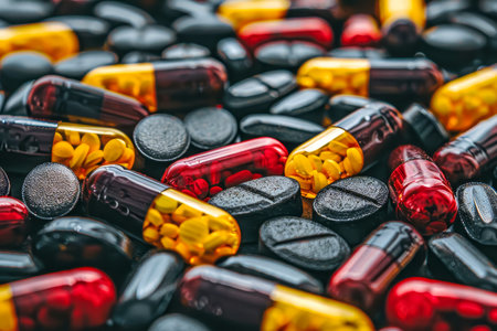 Close-up of many capsules and tablets, treatment and medicine. High quality photoの素材