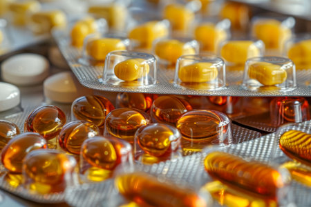 Close up view of various tablets and capsules arranged on a table surface for health contextの素材