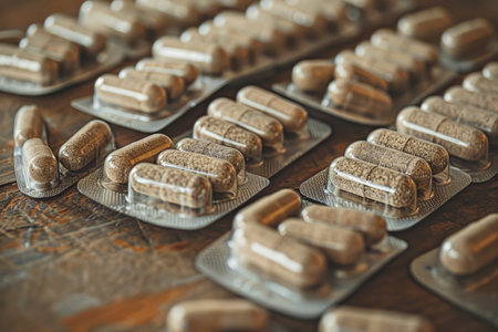 Close up view of numerous colorful tablets and capsules scattered across a wooden table surfaceの素材