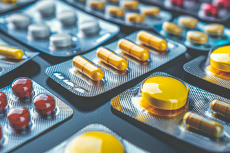 Close up view of numerous colorful tablets and capsules scattered across a wooden table surfaceの素材