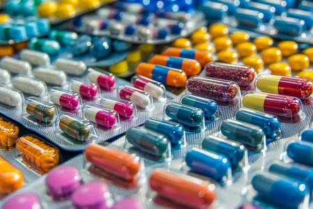 Close up view of an assortment of colorful tablets and capsules scattered across a wooden tableの素材
