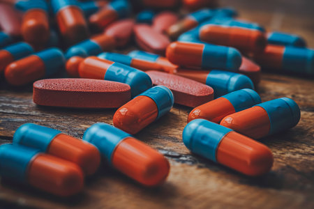 A detailed close up of assorted tablets and capsules scattered across a wooden table surface.の素材
