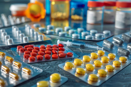 A close up of various pills and syringes lying on the table.の素材